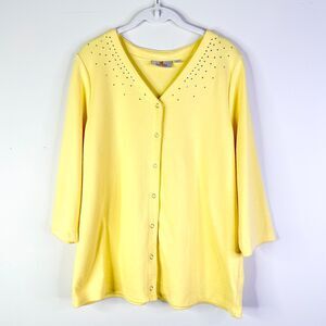 Quacker Factory Cardigan Women L Yellow Cotton Embellished Rhinestone Y2K Vtg